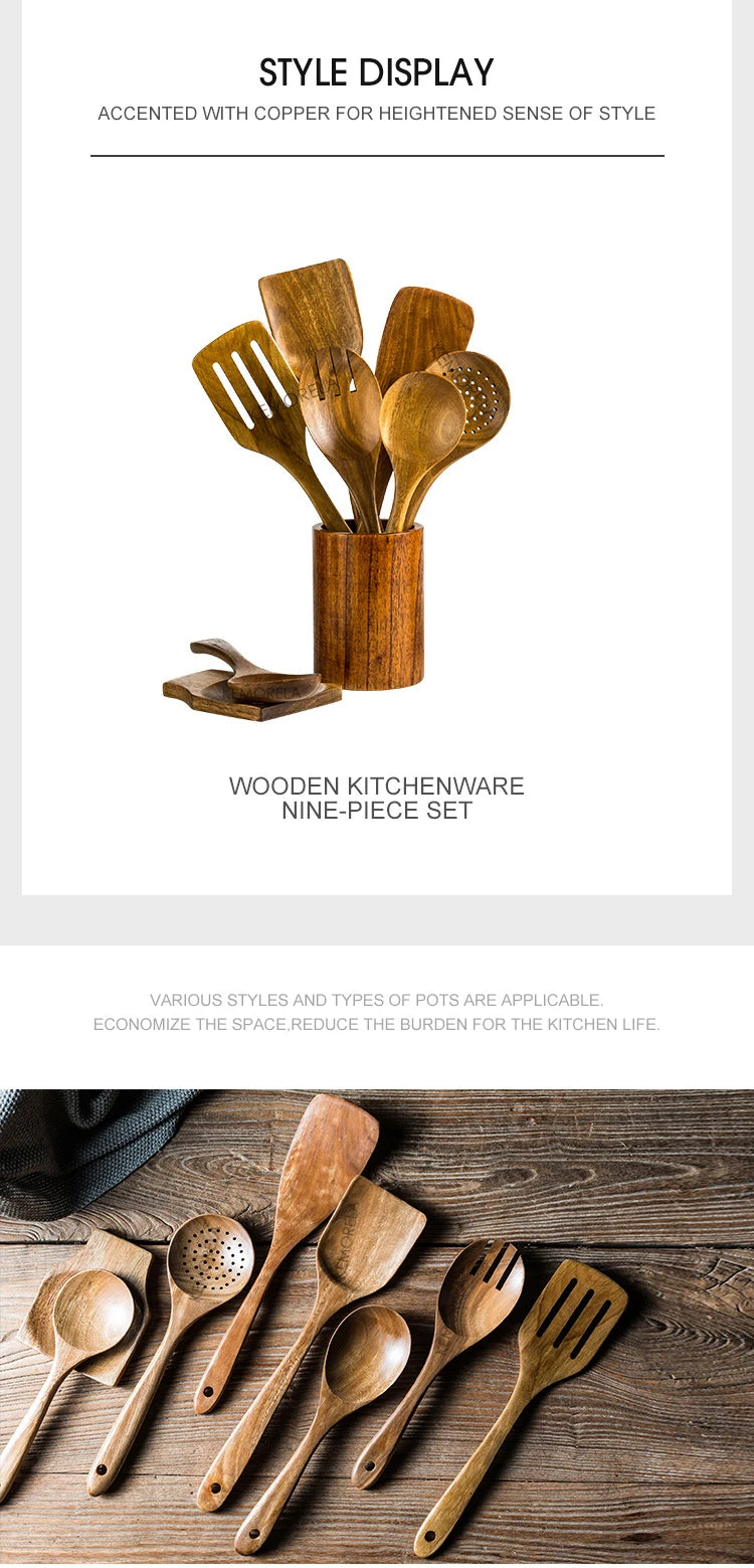 Wooden Spoons For Cooking 9PCS Wooden Utensils For Cooking With Utensils Holder, Teak Wooden Kitchen Utensils Set