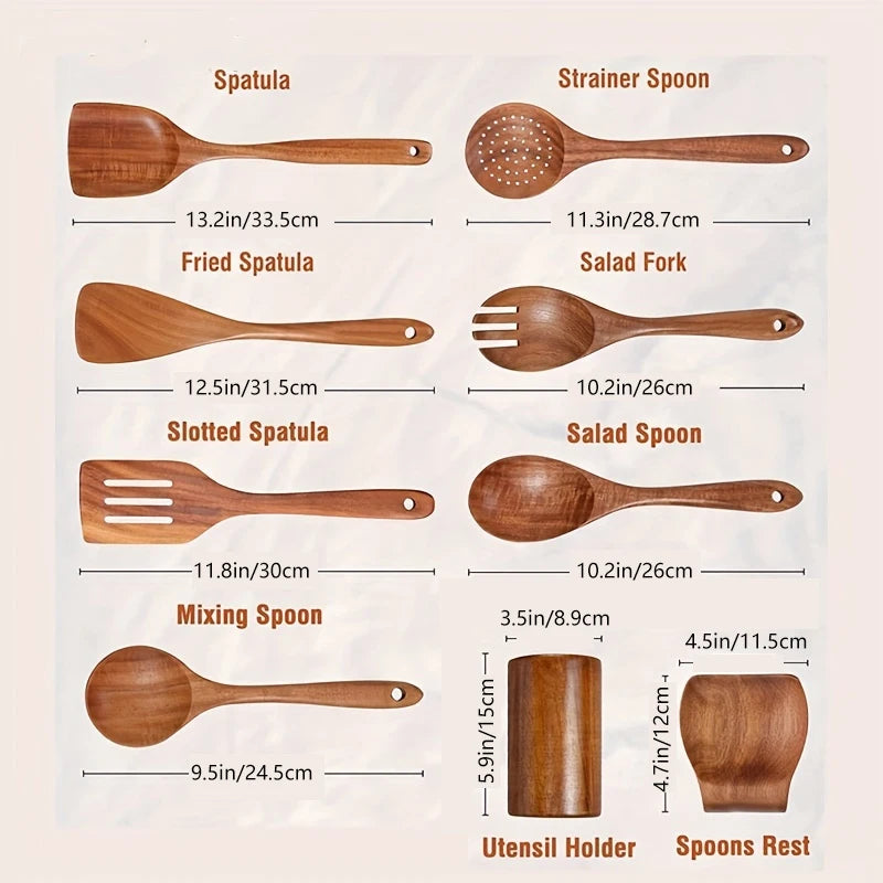Wooden Spoons For Cooking 9PCS Wooden Utensils For Cooking With Utensils Holder, Teak Wooden Kitchen Utensils Set