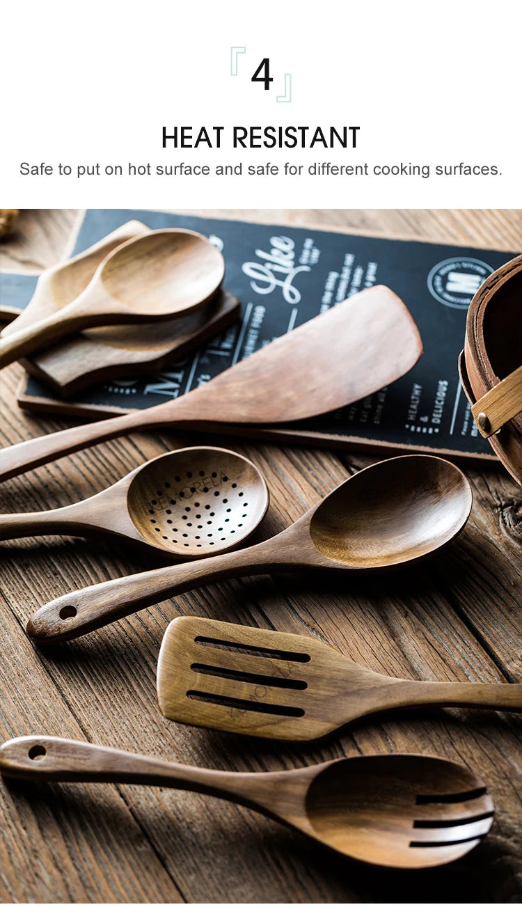 Wooden Spoons For Cooking 9PCS Wooden Utensils For Cooking With Utensils Holder, Teak Wooden Kitchen Utensils Set
