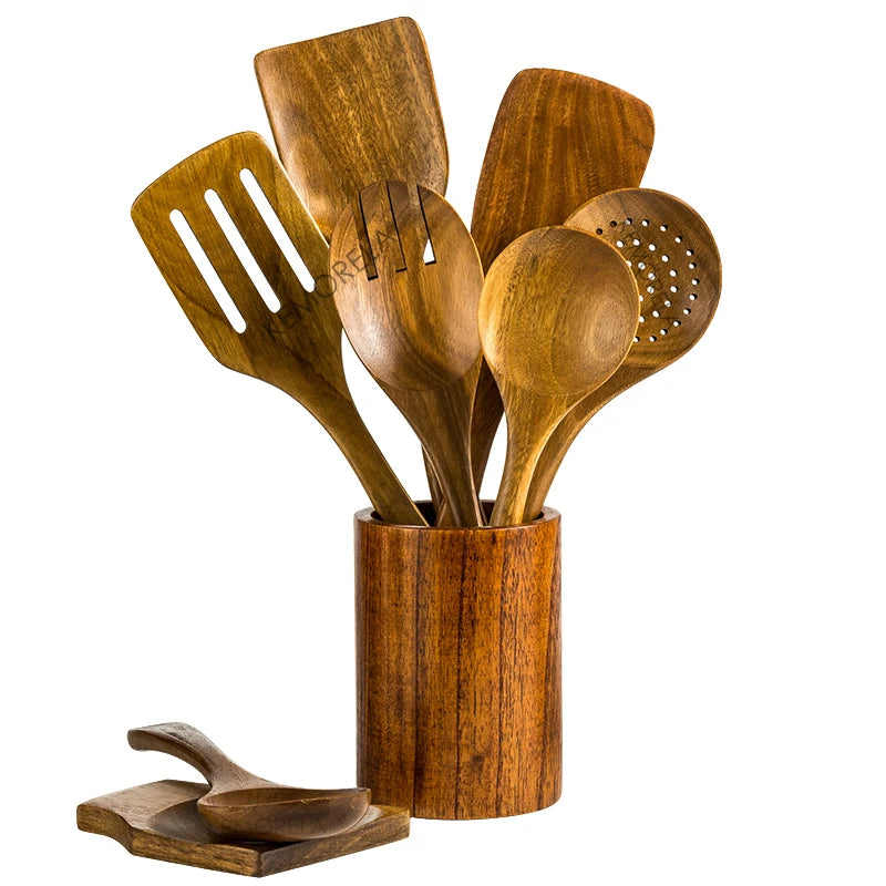 Wooden Spoons For Cooking 9PCS Wooden Utensils For Cooking With Utensils Holder, Teak Wooden Kitchen Utensils Set