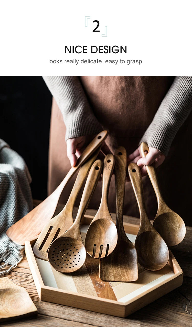 Wooden Spoons For Cooking 9PCS Wooden Utensils For Cooking With Utensils Holder, Teak Wooden Kitchen Utensils Set