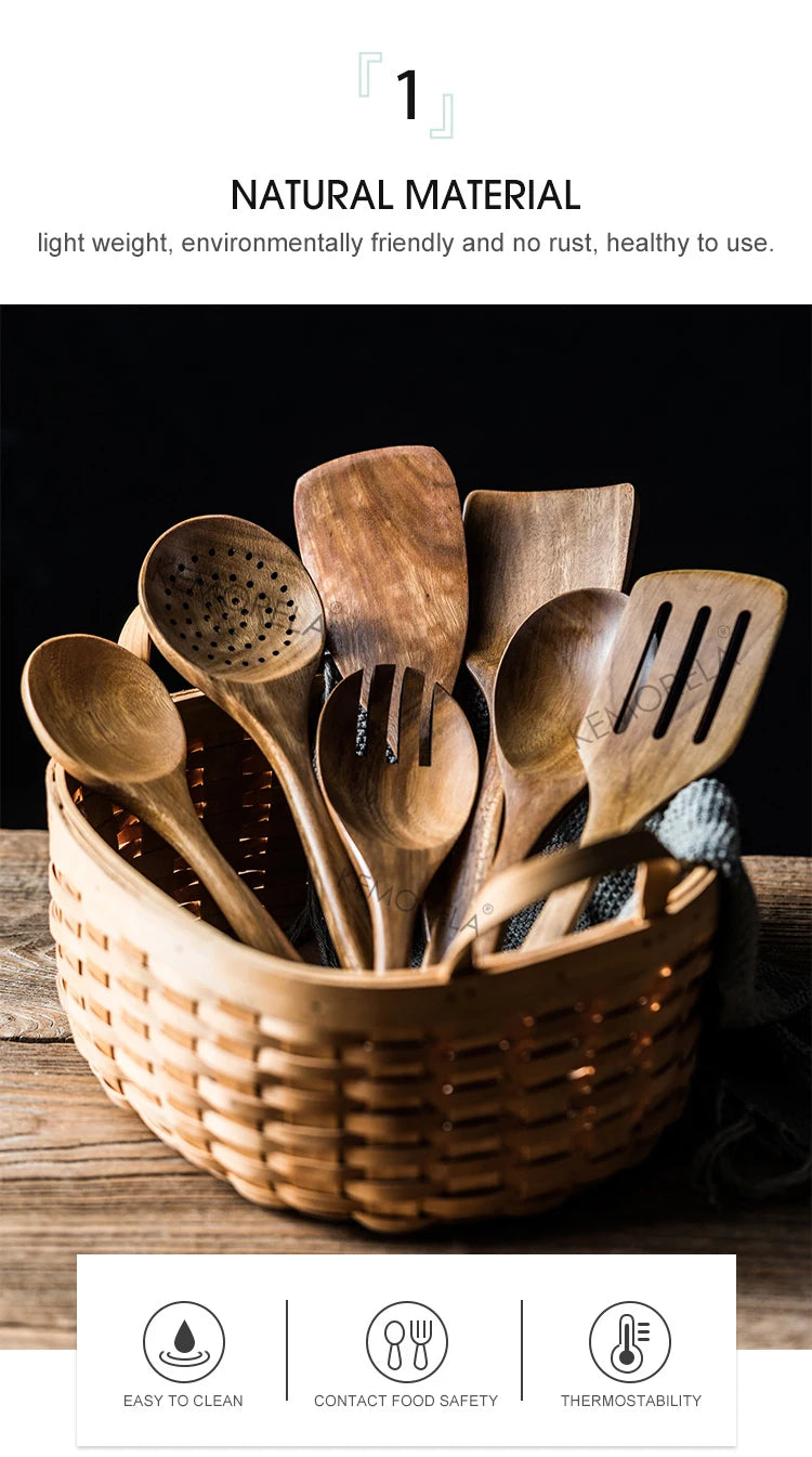 Wooden Spoons For Cooking 9PCS Wooden Utensils For Cooking With Utensils Holder, Teak Wooden Kitchen Utensils Set