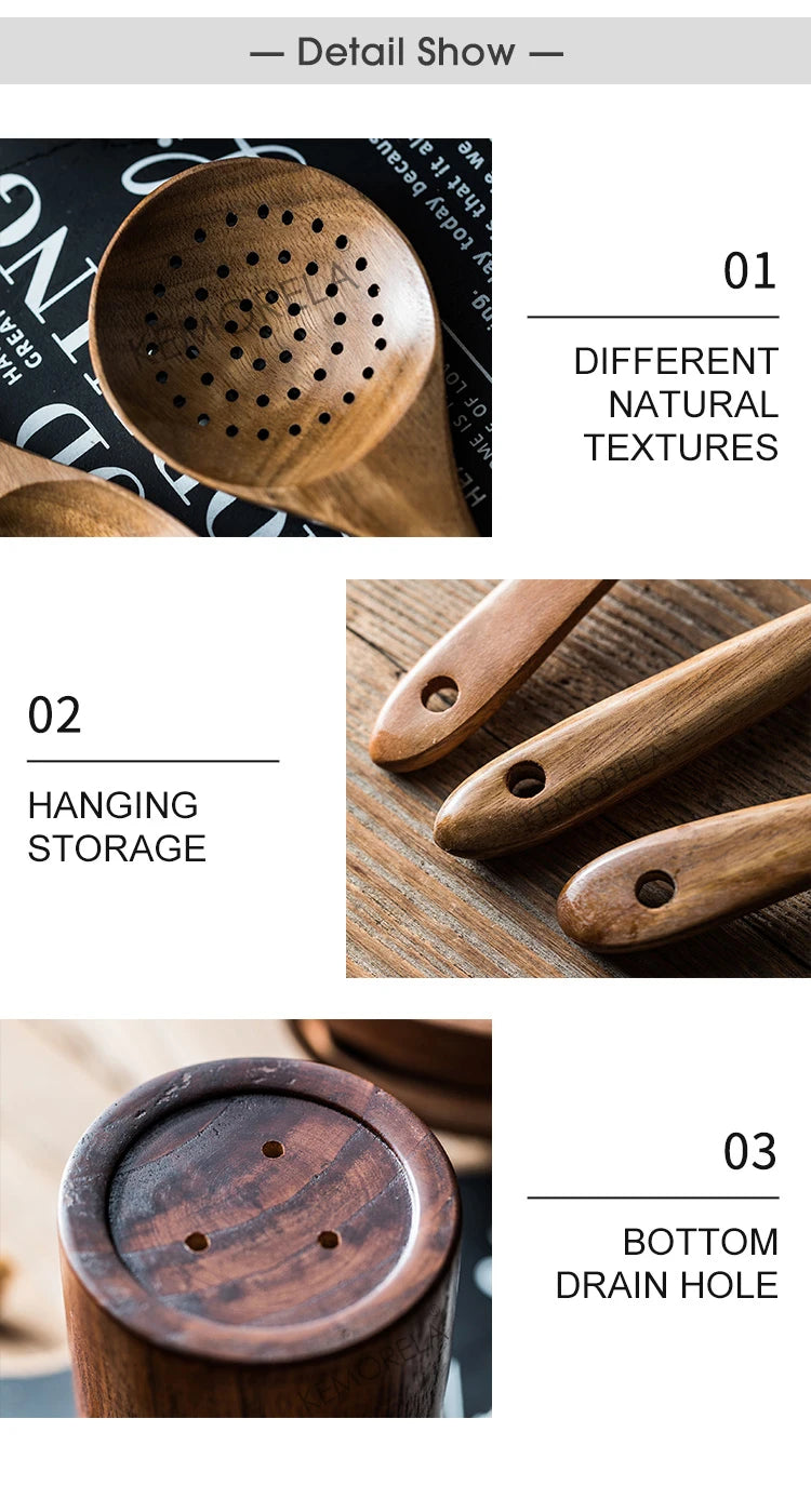 Wooden Spoons For Cooking 9PCS Wooden Utensils For Cooking With Utensils Holder, Teak Wooden Kitchen Utensils Set