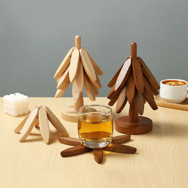Tree Design 4PCS Stand Bamboo Wooden Trivets Decorative Anti Scald Heat Resistant Table Mat Coaster Wood Placemats Pot