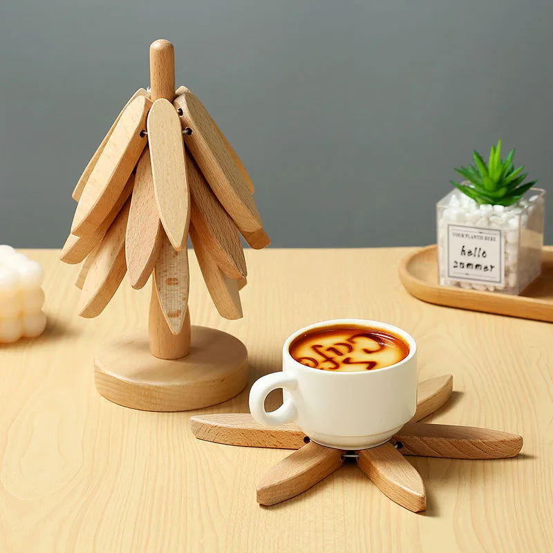 Tree Design 4PCS Stand Bamboo Wooden Trivets Decorative Anti Scald Heat Resistant Table Mat Coaster Wood Placemats Pot