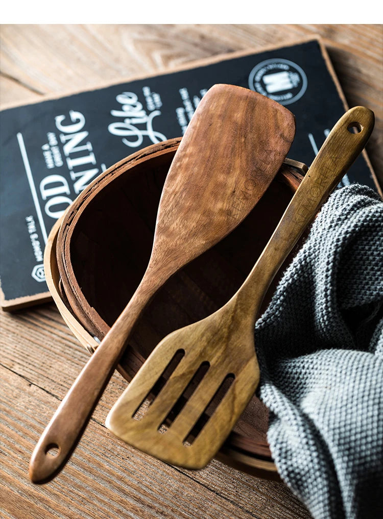 Wooden Spoons For Cooking 9PCS Wooden Utensils For Cooking With Utensils Holder, Teak Wooden Kitchen Utensils Set