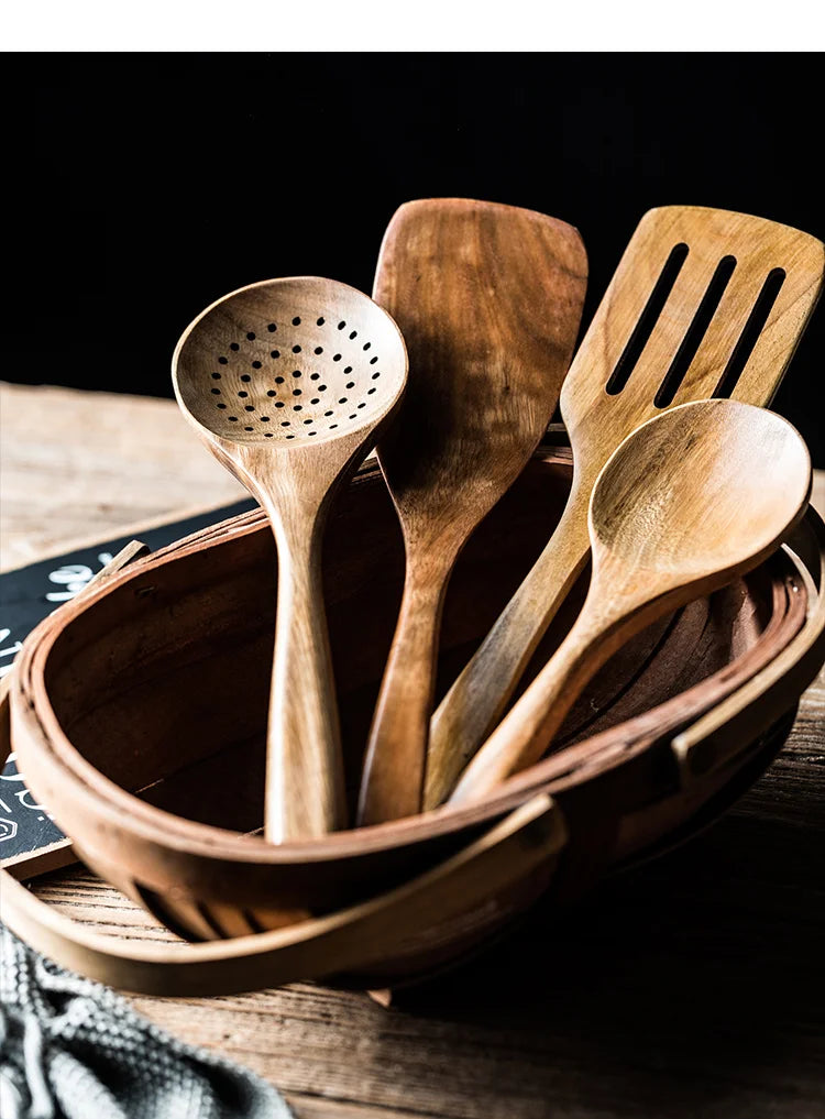 Wooden Spoons For Cooking 9PCS Wooden Utensils For Cooking With Utensils Holder, Teak Wooden Kitchen Utensils Set